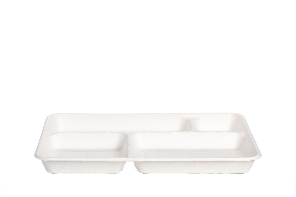 Bio Menü-Schale, Tablett, aus Zuckerrohr Bagasse, 4-geteilt, weiß, 37 x 27 x 3,5 cm